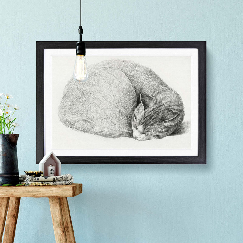 Slumbering Cat by Jean Bernard - Picture Frame Drawing Print, 36cm H x 48cm W x 2cm D, Black Framed