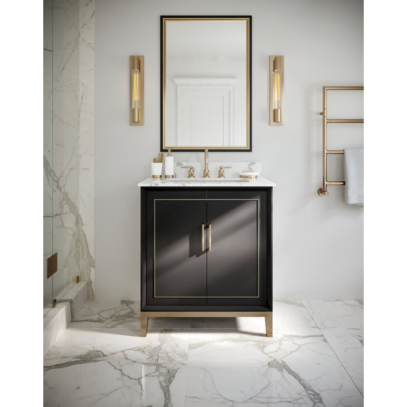 Gracie 30'' W Single Vanity, Midnight Black, Satin Brass, Carrara Marble
