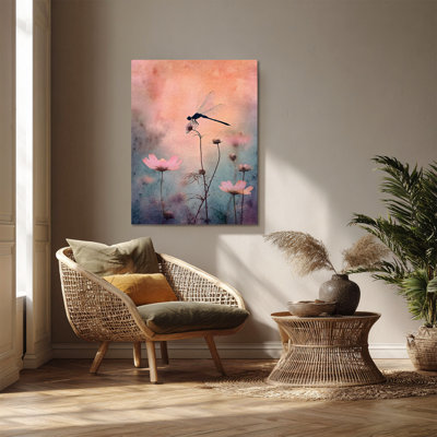 Libellule foncée sur fond de fleurs de cosmos rose pêche - Art mural sur toile tendue - Décoration de salon, de chambre à coucher ou de bureau