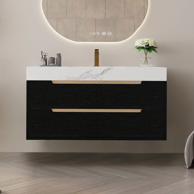 35.4" Modern Bathroom Vanity With Undermount Sink, Sintered Stone Top, Waterproof Multi-Layer Solid Wood, 4 Drawers Storage, Free-Standing/Wall-Mounted