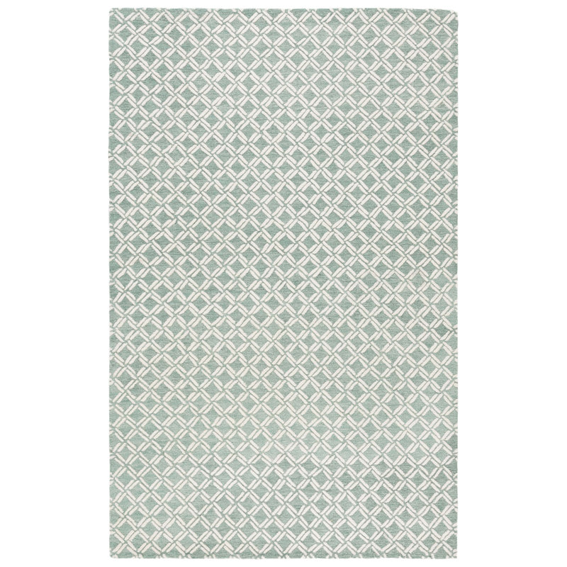 Ivory and Light Blue Geometric Handmade Wool Tufted Rug 4' x 6'