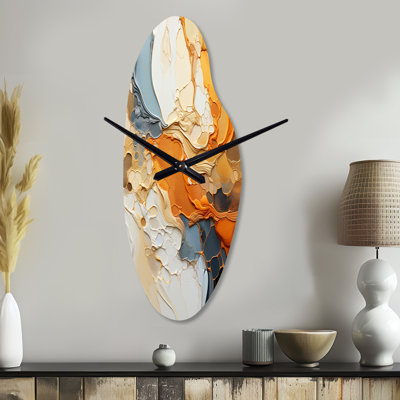 Orange Blue Line Art Abstract Expressionism - Line Art Asymmetrical Metal Clocks, Orange Curved Metal Wall Clock Print
