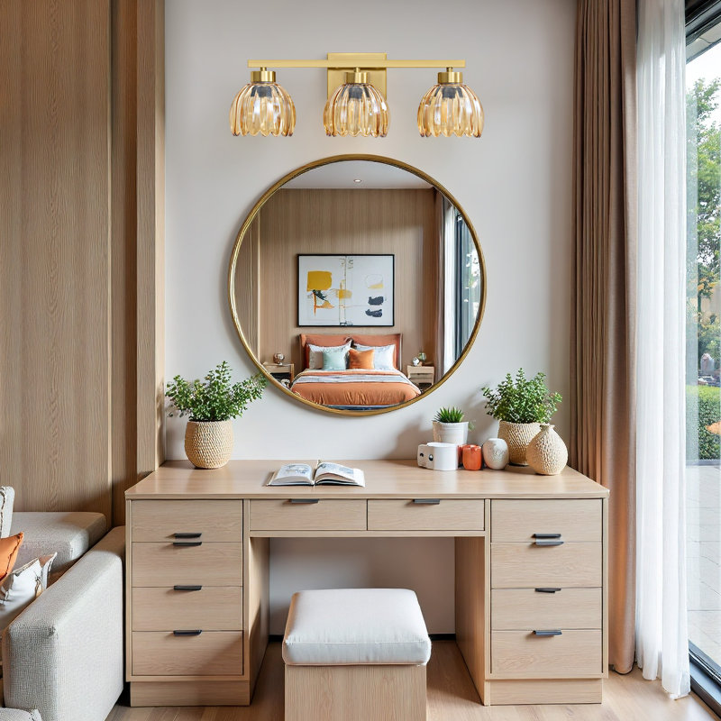 Éclairage pour salle de bain 3 lumières à intensité variable avec abat-jour en verre tulipe floral ambre, Ambre