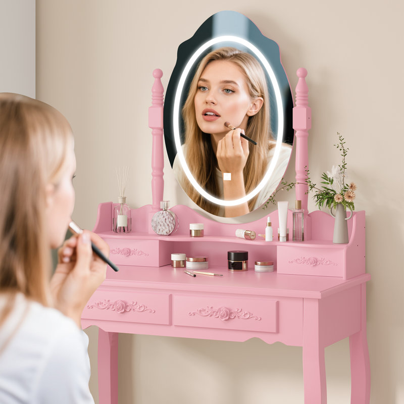 Vanity Desk With Mirror And Lights, Modern Makeup Table And Cushion Stool Set With 4 Drawers, Pink