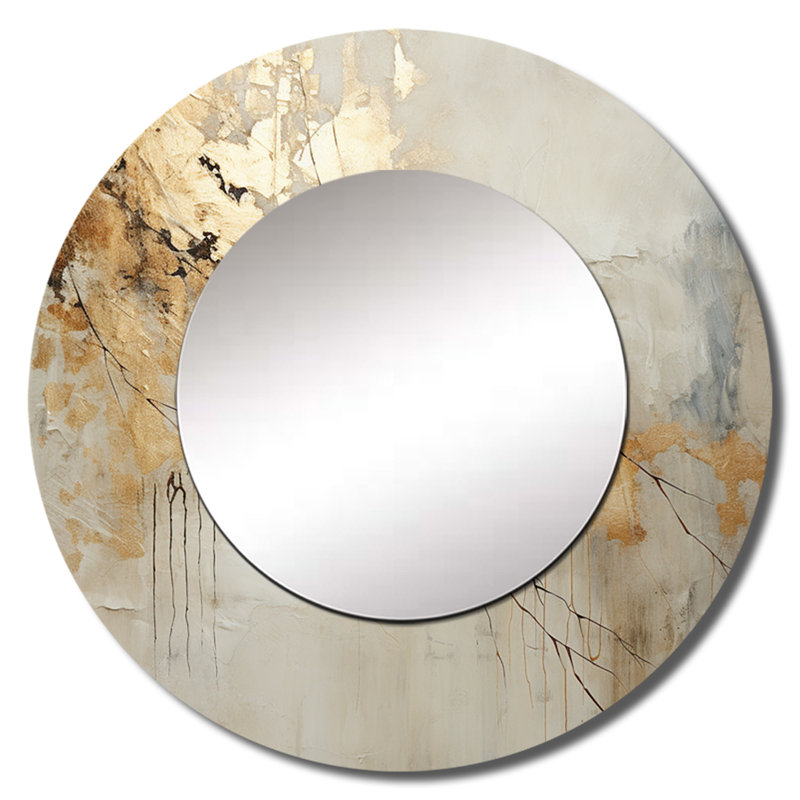 Scheri beige et or marbre clair VI - formes abstraites, miroir mural moderne, miroir rond moderne, art imprimé en métal
