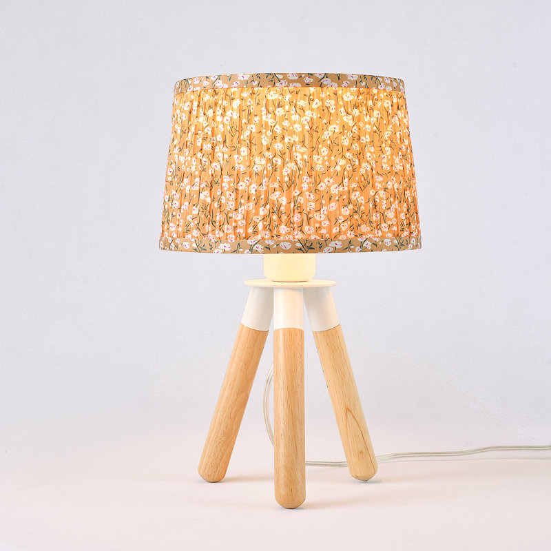 Wooden Tripod Table Lamp Set With Ditsy Floral Shade, Yellow