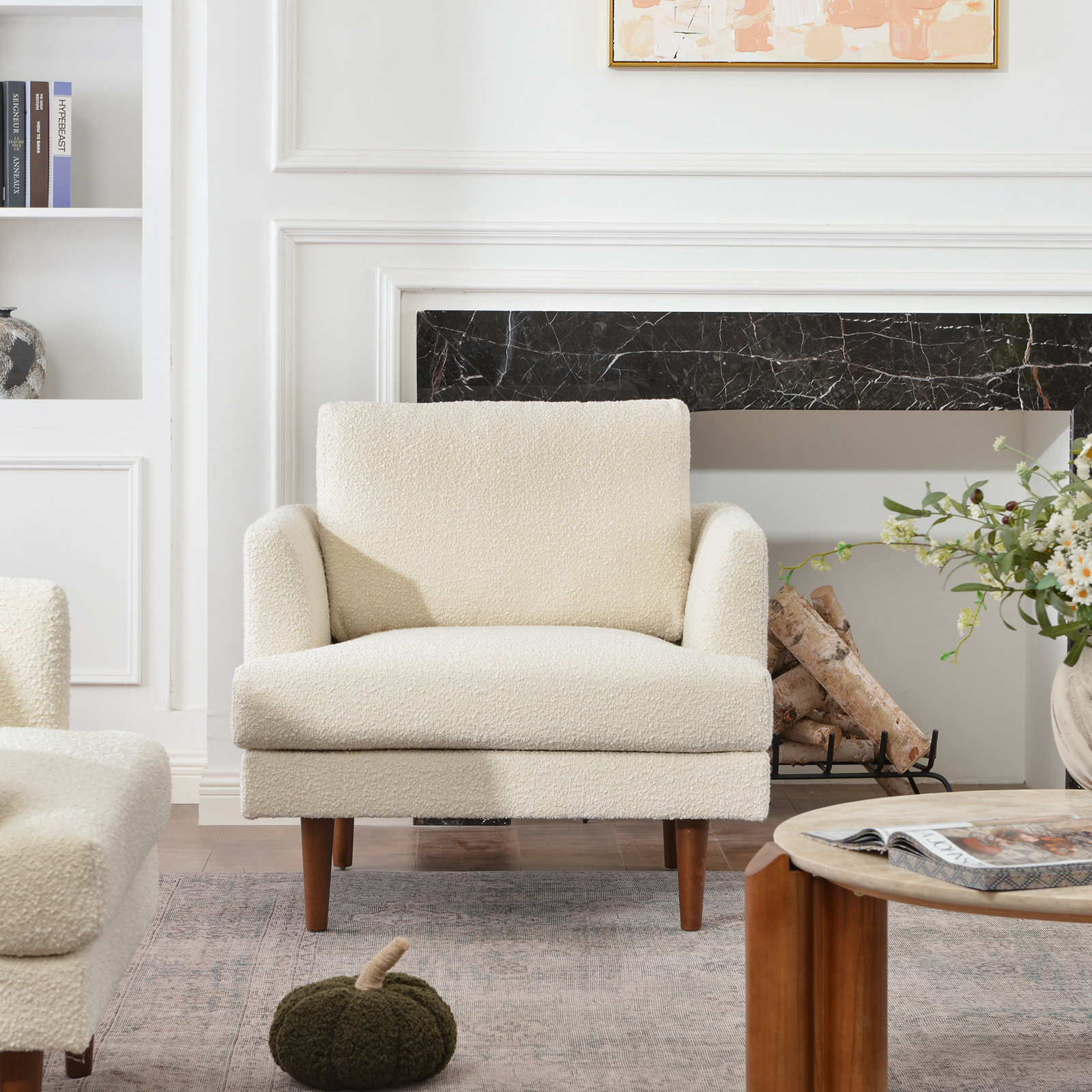 Miller Walnut Armchair, Cream  Boucle