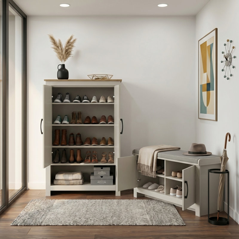 Limestone Entryway Shoe Bench And 3Ft Storage Cabinet Set   , Light Grey