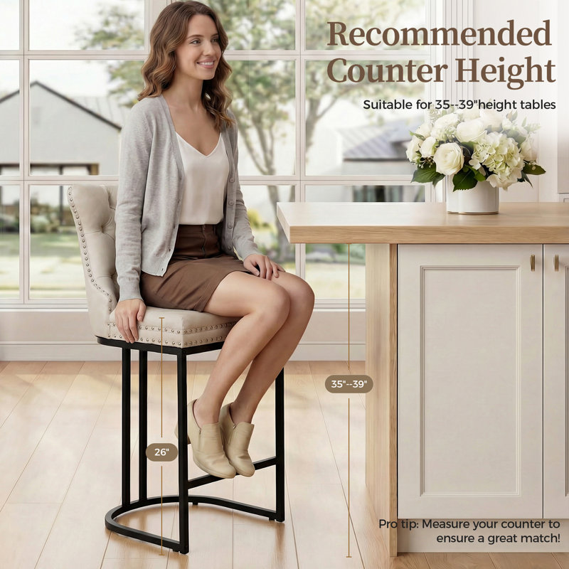 26" Modern Faux Leather Counter Height Barstools with Nailhead Trim, Beige