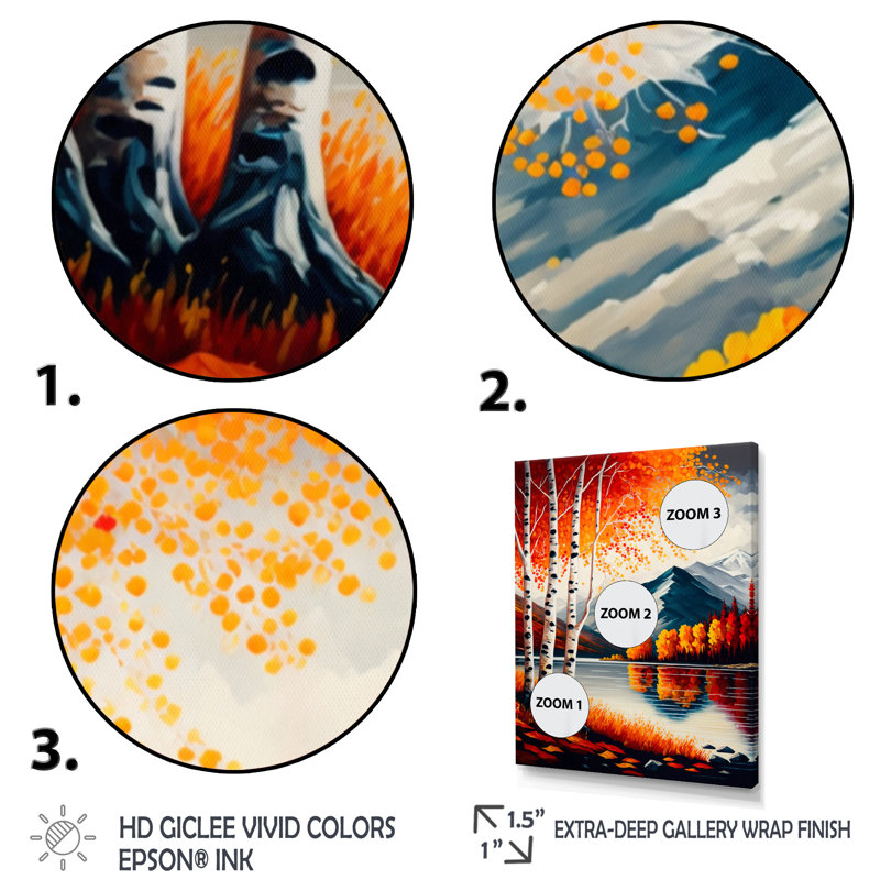 Bouleaux rouges et oranges au bord du lac VI - paysage, art mural sur toile, H 20 po x l 12 po x P 1 po, Toile tendue