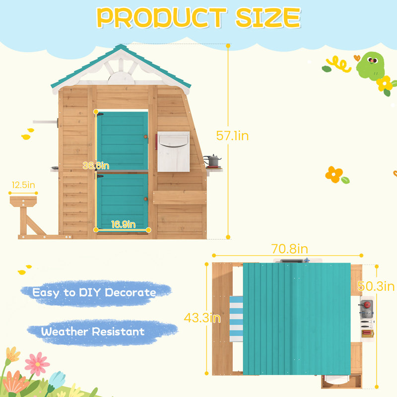Kids Playhouse, Cottage With Bench, Mailbox, Blackboard, Toy Sink & Kitchen Playset