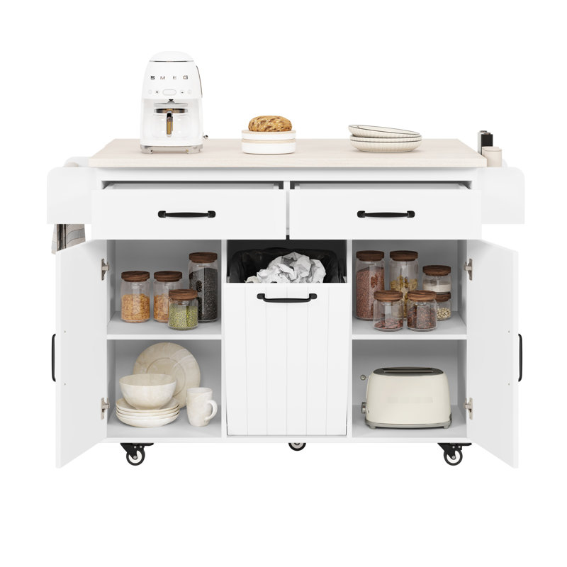 Mobile Kitchen Island With Storage Cabinet, Drop Leaf Countertop - White Hidden Trash Can Storage, Foldable Leaf, Spice Rack, Towel Bar,