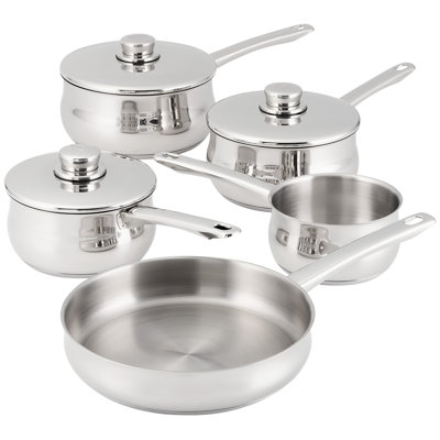 Stellar 1000 Set of 5 Stainless Steel Deep Saucepans, 14/16/18/20cm Pans with 24cm Non-Stick Fry