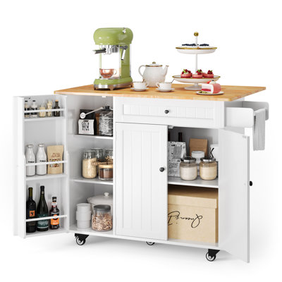 Modern Solid Wood Top Kitchen Island, Large Rolling Kitchen Cart with Drop Leaf Breakfast Bar, Mobile Kitchen Table with Large Drawers, Storage Cabinet & Locking Casters