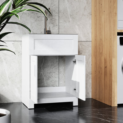 24In White Laundry Sink Cabinet - Stainless Steel Tap Silent Operation Mode Utility Firm Simple Install Selection