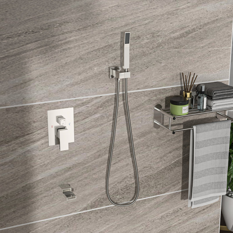 Shower Kit With Waterfall Tub Spout - 10 Inch Wall Mounted Square, 3 Function, Rain Head, Handheld, 10" Square In Spout, Rainfall Shower, Handheld Element
