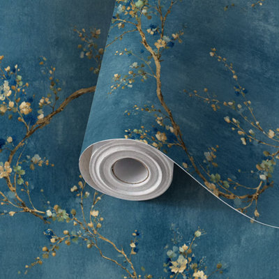 Papier auto-adhésif à peler et coller de luxe à motif floral de vigne botanique indigo auto-adhésif et amovible 24 po x 118 po (60 x 300 cm)