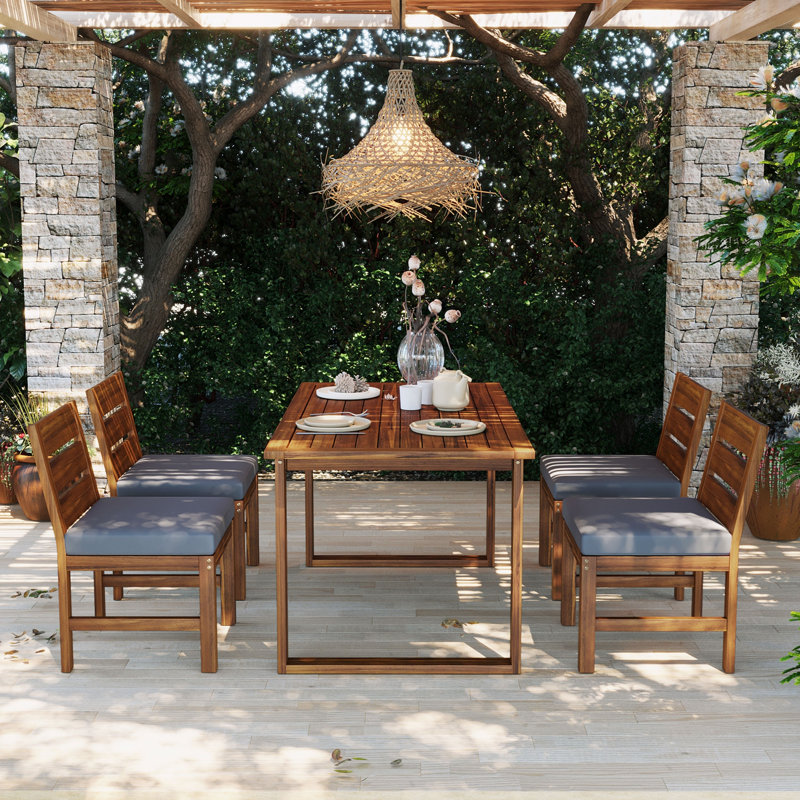 Farmhouse 5-Piece Outdoor Patio Dining Set with Adjustable Legs,Acacia Wood Dinning Set for 4,Suitable for Backyard, Garden, or Deck