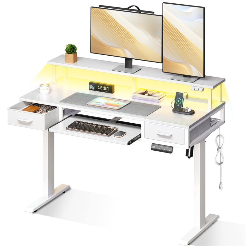 Desk With Keyboard Tray, Adjustable Desk With Monitor Stand, Height-Adjustable Gaming Table With Sockets And Light Bar