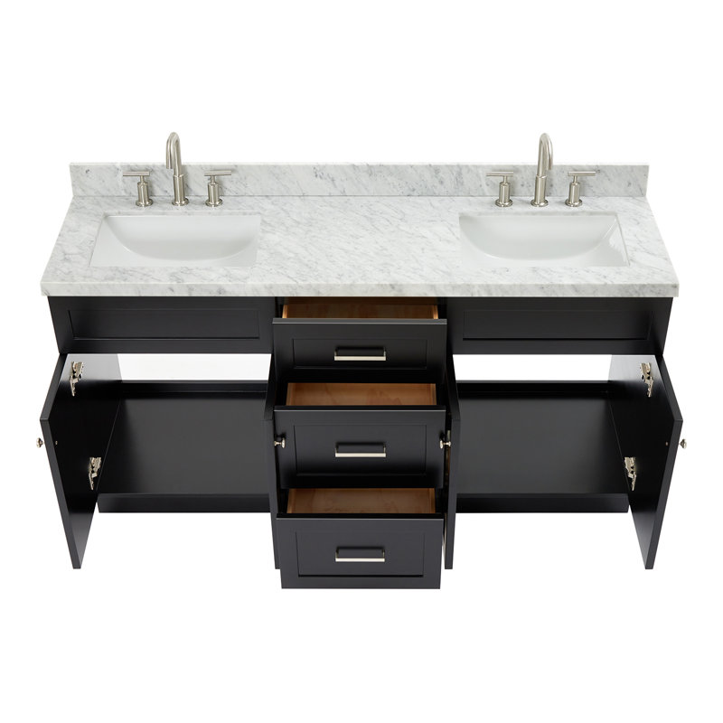 Hamlet 67'' Double Bathroom Vanity with Carrara Marble Top, Brushed Nickel, Black
