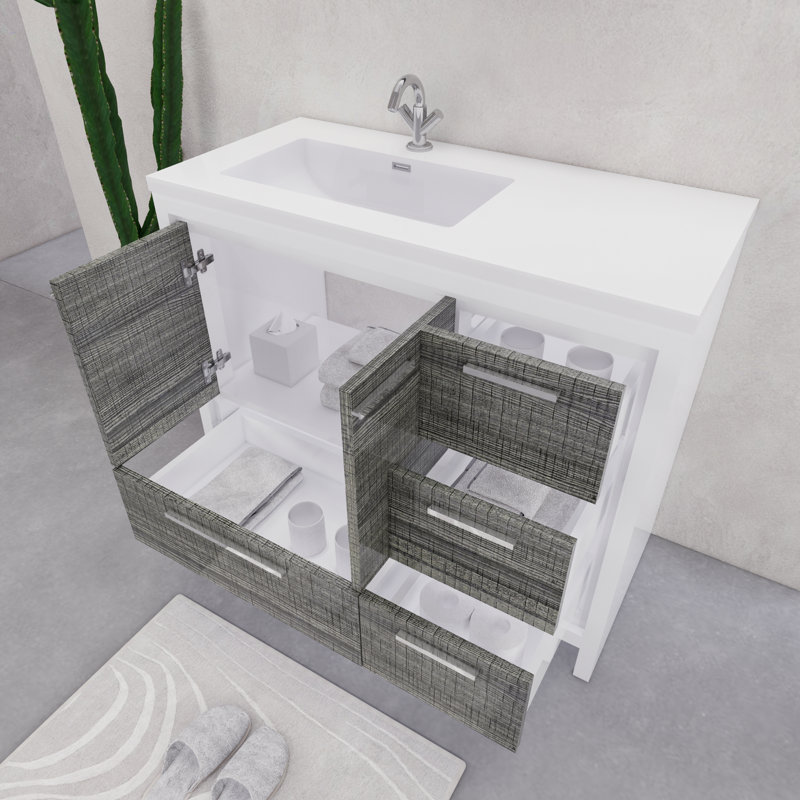 Ensemble de meuble-lavabo simple 42 po Mihrtad Eden, Blanc lustré/ bois de frêne gris