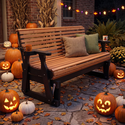 Outdoor Wooden Glider Bench with Slatted Back, Cup Holders and 800 lb Capacity, Dark Grey And Brown