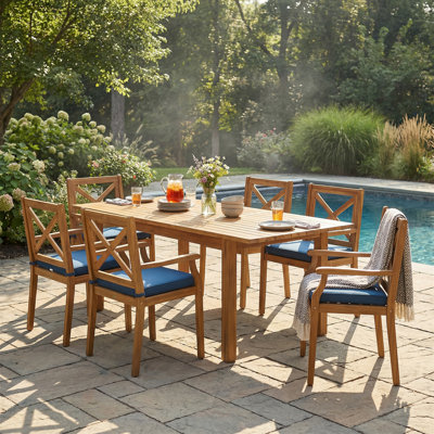 Ensemble repas d'extérieur 7 pièces en bois d'acacia avec coussins bleus