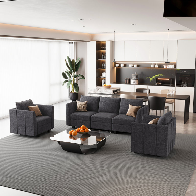 Ensemble de canapé modulaire en chenille avec siège de rangement 3 pièces Aurora, Noir
