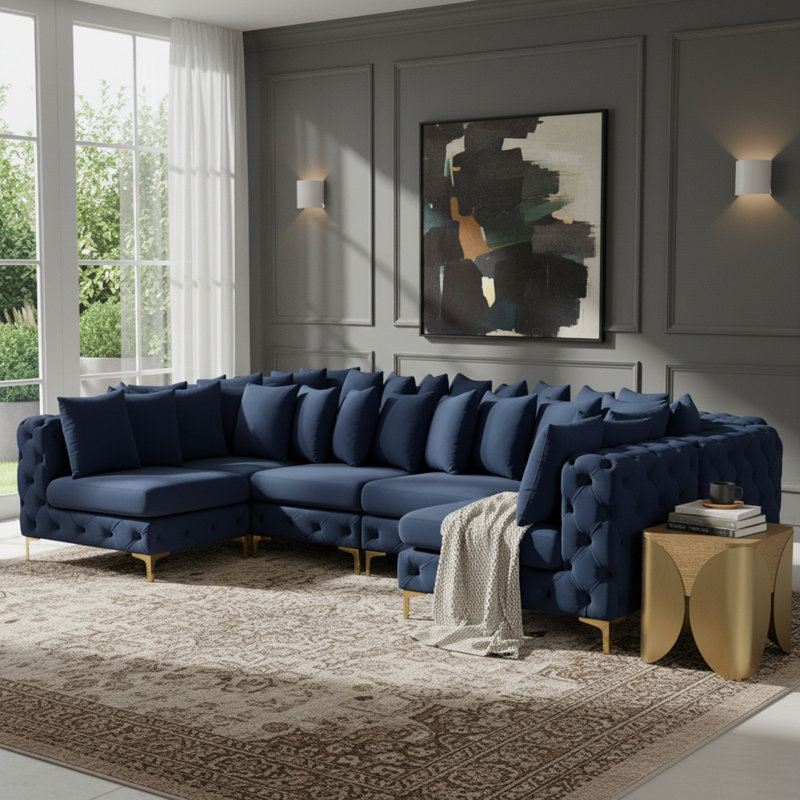 Canapé modulaire en velours 138 po, Velours bleu marine