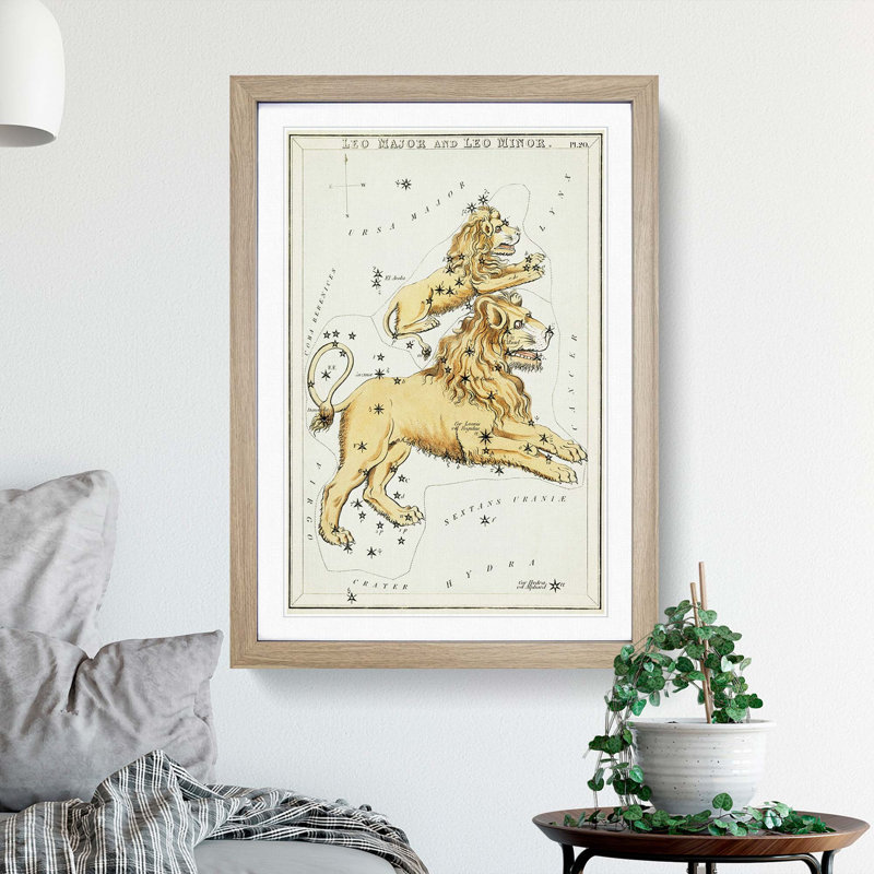 Astronomical Zodiac Chart Of The Leo Constellation - Single Picture Frame Painting, 45cm H x 33cm W x 2cm D, Oak