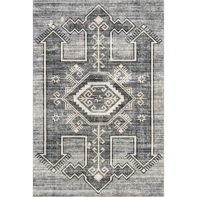 Tapis gris en polyester tissé à la machine Marylene, Rectangle 9 pi 6 po x 13 pi 6 po