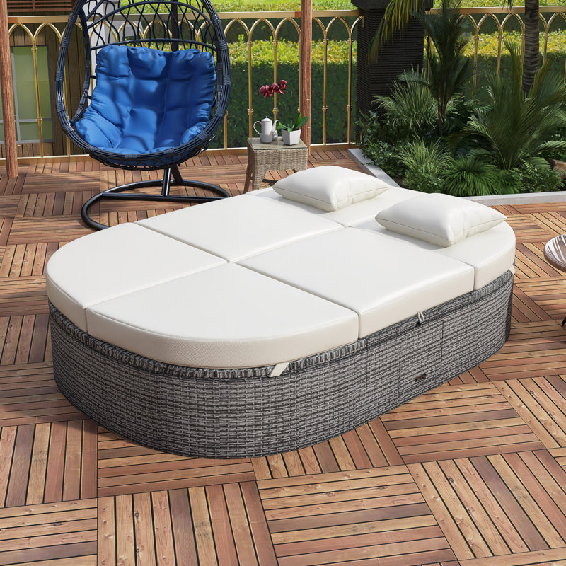 Outdoor Sun Bed Patio 2-Person Daybed With Cushions And Pillows, Beige