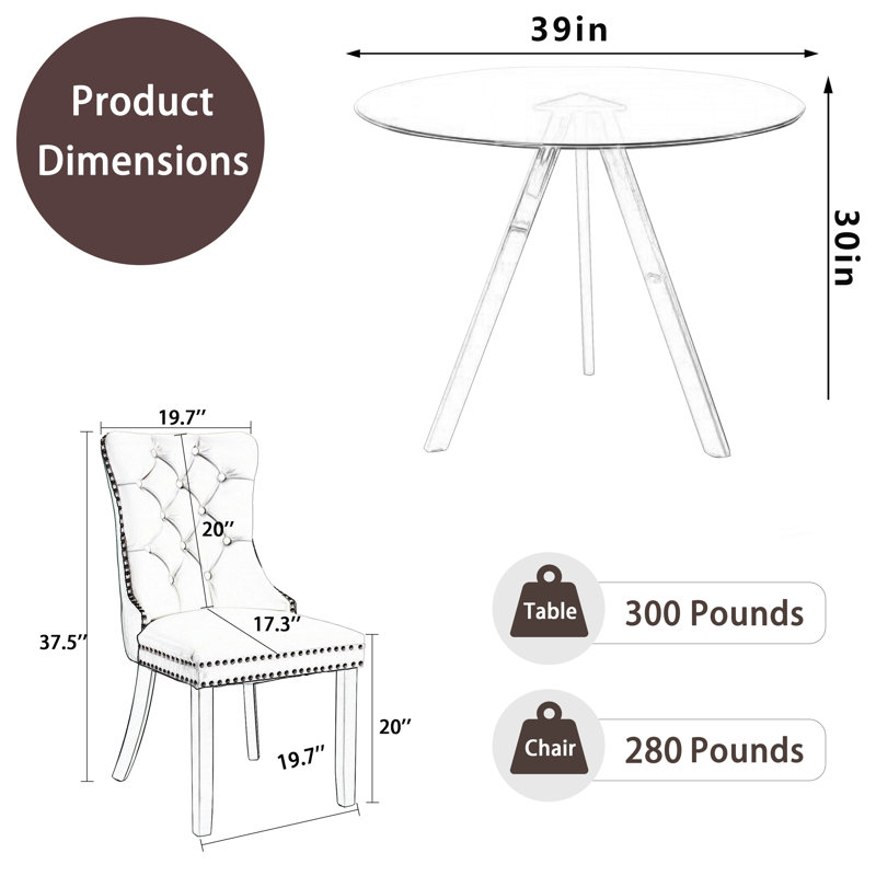 Round Dining Table Set for 4, Beige, 30" H x 39" W x 39" D