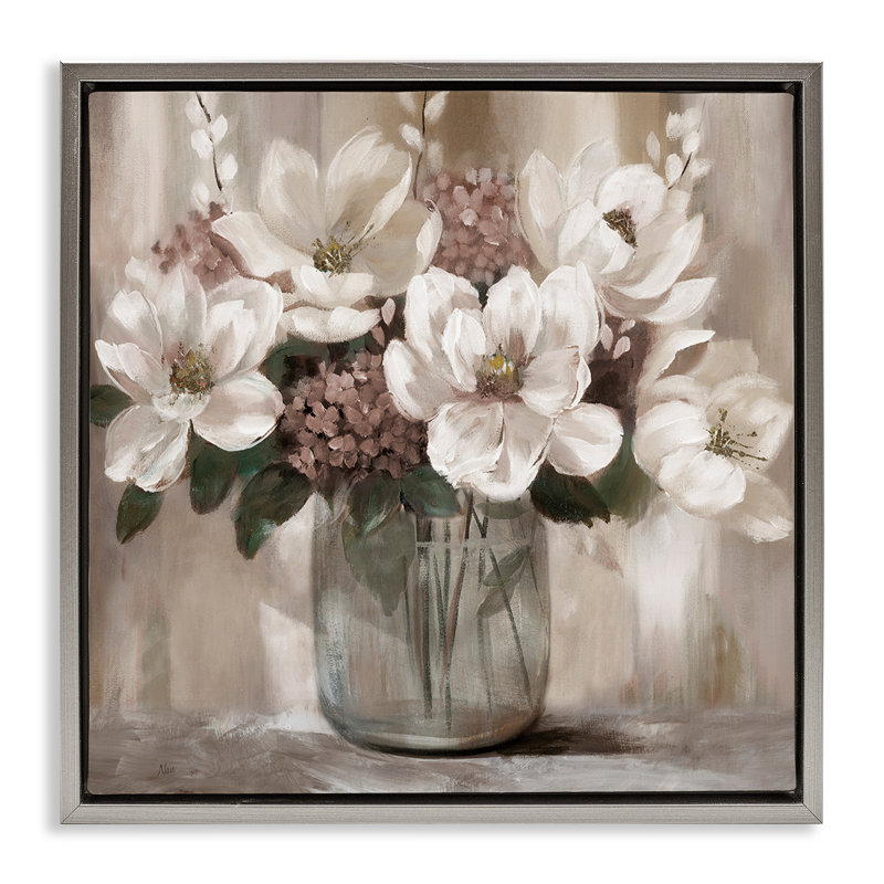 Cadre flottant ivoire Magnolias, design par Nan, H 18 po x l 18 po, Cadre flottant gris lustré