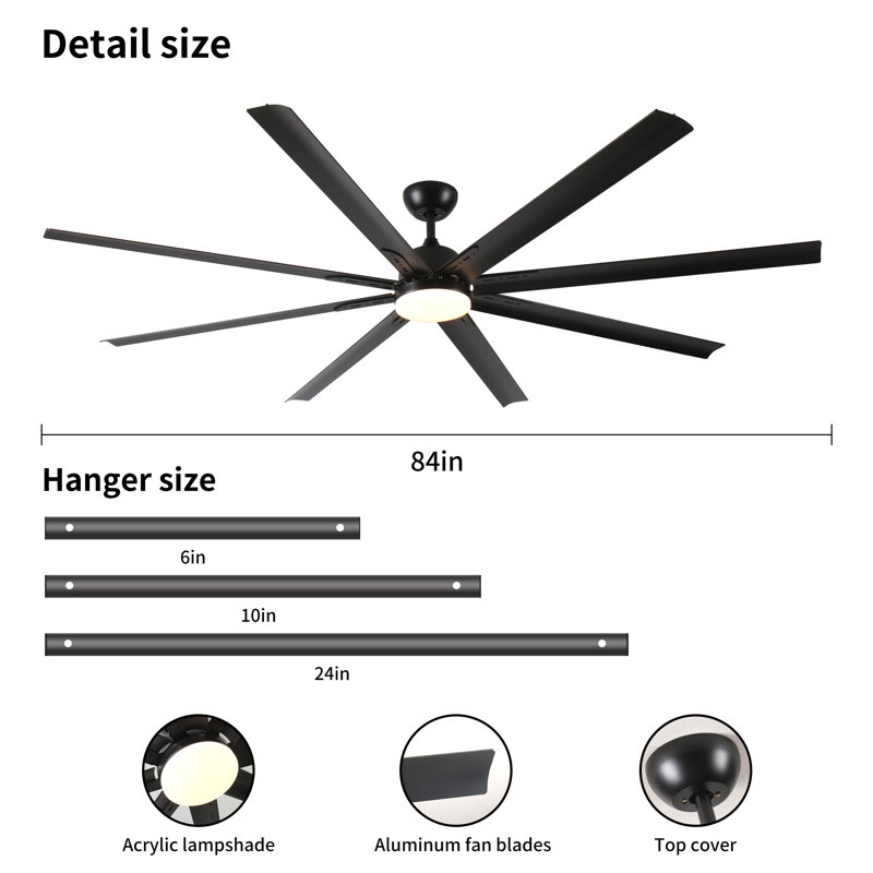 84 In Super Large Black Ceiling Fan With Remote Control Black
