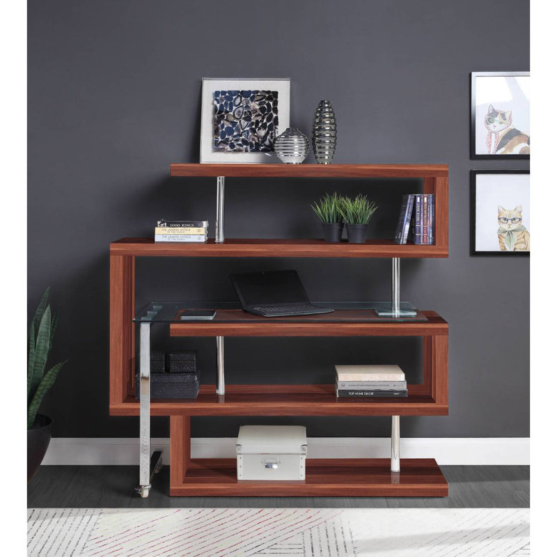 Bureau d'écriture avec tablette en verre transparent et finition brillante chromée, Noyer