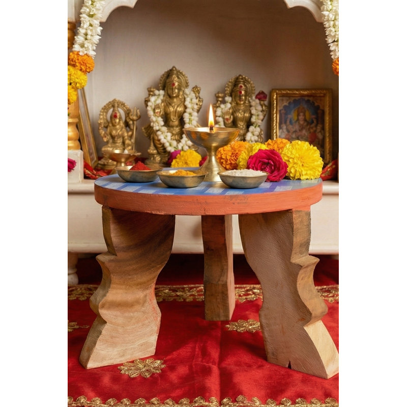 Ritual Puja Chowki Wooden Platform - Handcrafted Traditional Bajot Altar Stand for Temple Home Decor