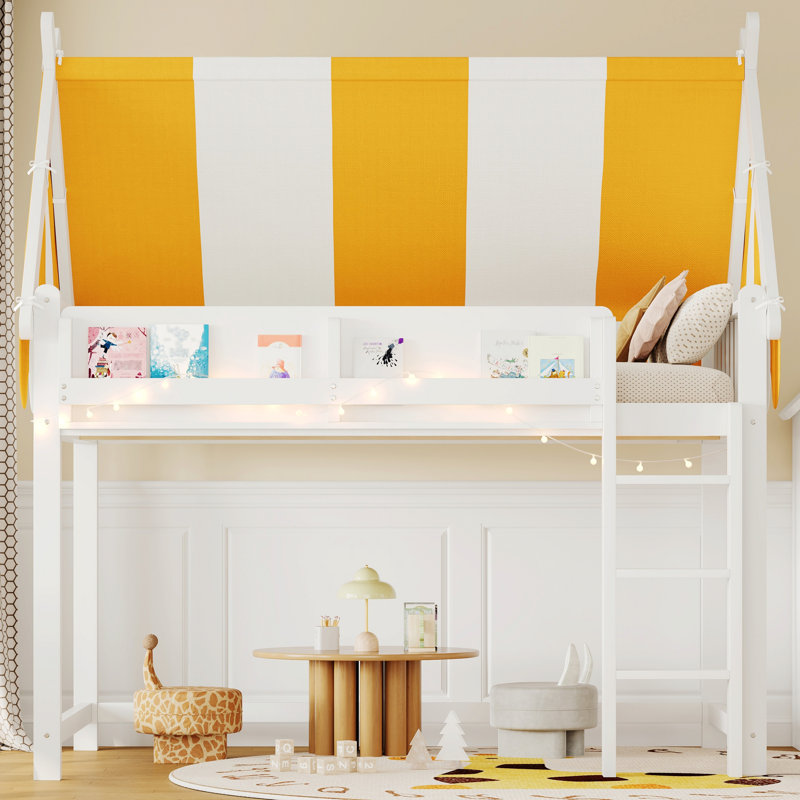 Lit mezzanine avec auvent, lumières DEL, tablette et base de lit pour économiser de l'espace, Double, Blanc