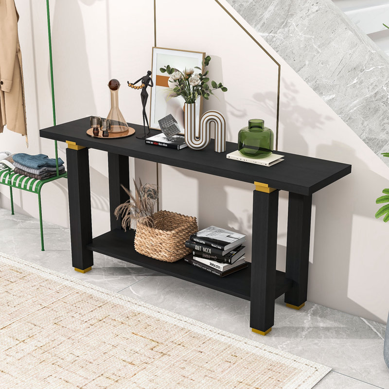 Industrial-Style Console Table with Wood Legs, Durable MDF Top, and Open Bottom Shelf, Black