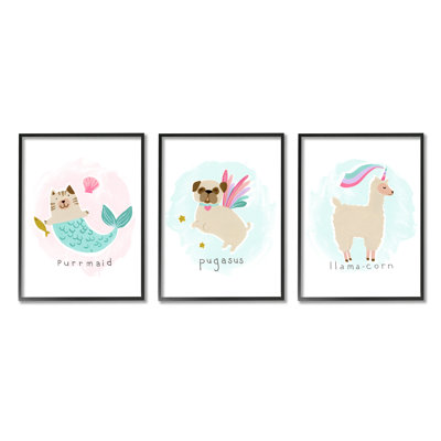 Whimsical Mythical Animals Creatures Cute CArt Setoon Style 3Pc Giclee Texturized Art Set By June Erica Vess -  Stupell Industries, a3-144_fr_3pc_11x14
