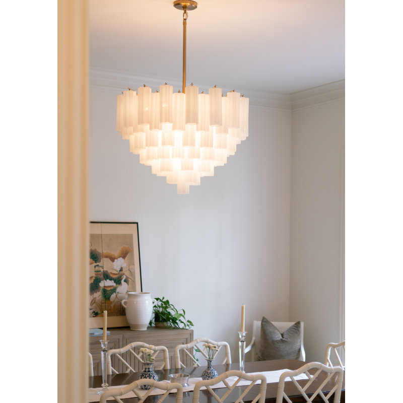 Dimmable Tiered Chandelier, Aged Brass, White, 21.5" H x 32" W x 32" D