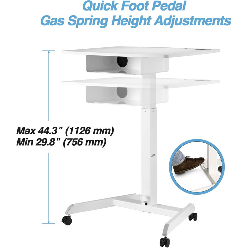 Height Adjustable Rolling Desk With Foot Pedal And Storage Shelf - Pneumatic Mobile Laptop Cart With Brake Casters