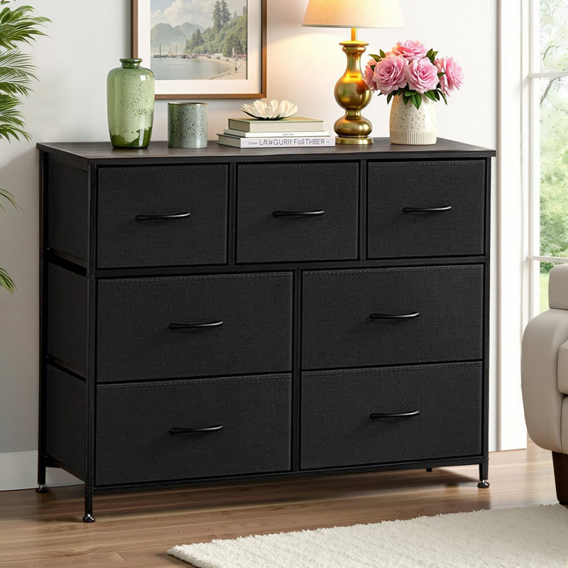 Verdi 7 Drawer 39.3" W Chest of drawer with Wood Top & Fabric Drawer, Black