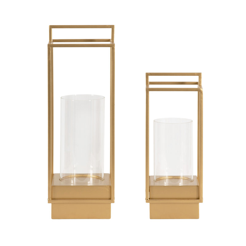 Wood and Metal Two-Piece Candle Holder Set, Gold