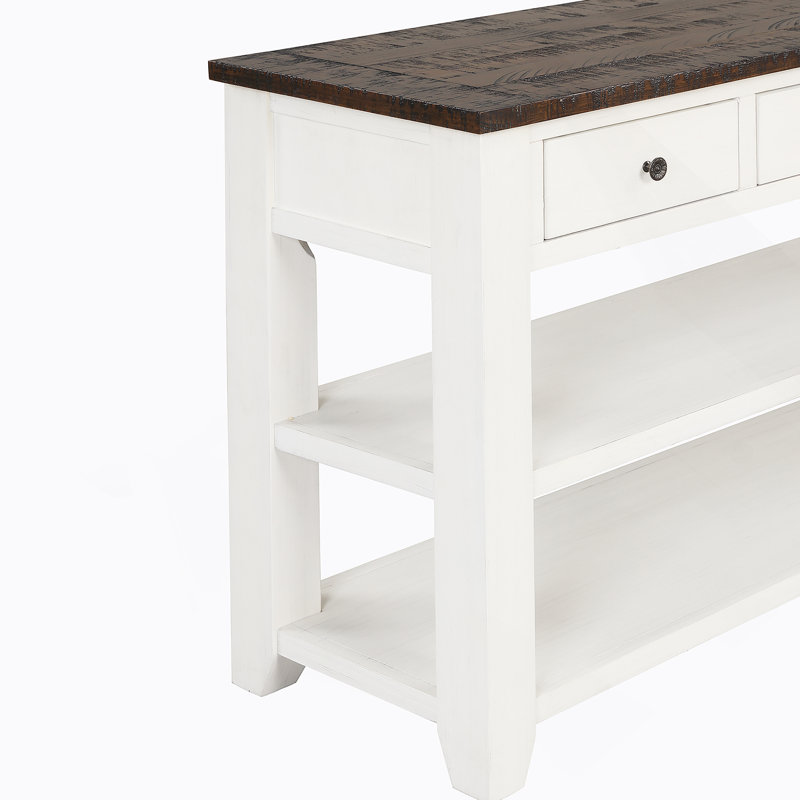Console en bois de pin massif 48 po, table d'appoint moderne avec 3 tiroirs de rangement et 2 tablettes. Facile à assembler (blanc antique + plateau brun) (ancien SKU: W120246668)