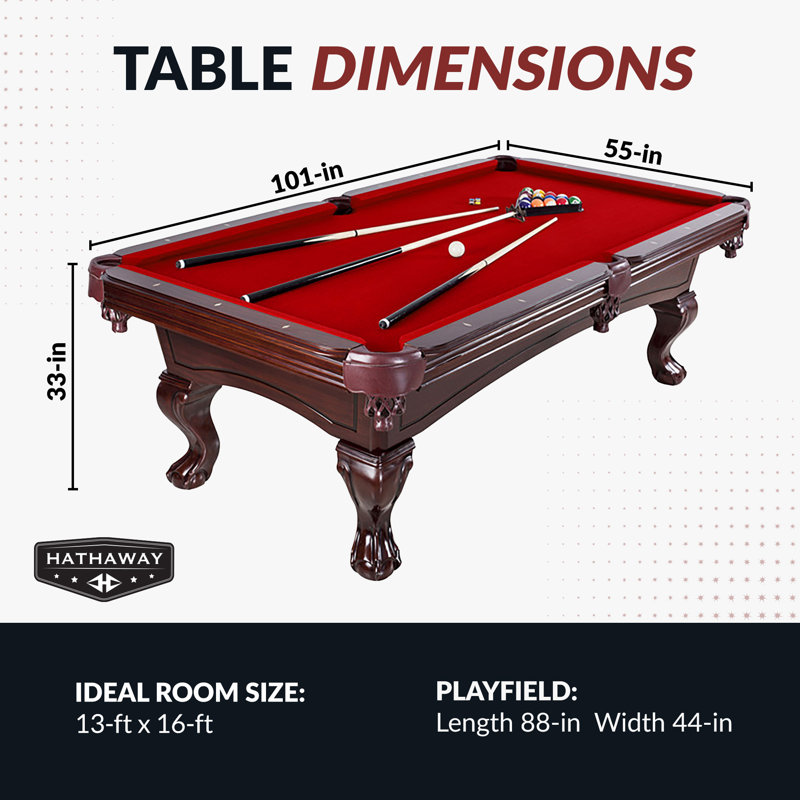 Hathaway Augusta 8 Foot Pool Table with Complete Accessories – Classic Full Size Billiard Table for Home Use – Classic Ball and Claw Legs, Inlaid Sights, K-66 Cushions – Mahogany Finish with Red Felt
