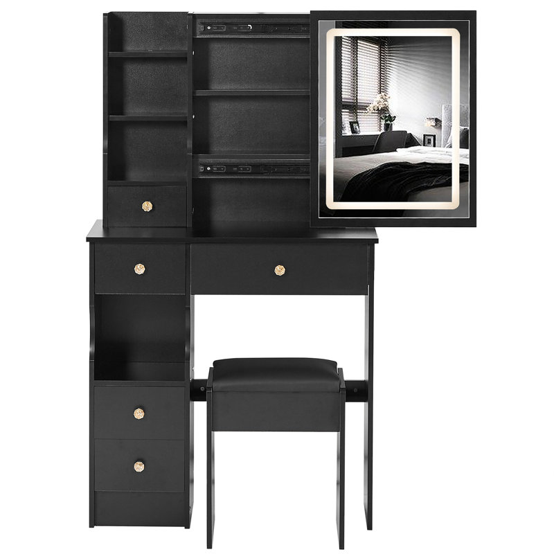 29.2" Vanity Table, Left Drawer, Cushioned Stool, Brightness - Adjustable Tri Color Mirror, Small Scale Bedrooms Desktop Touch Control, Led Sized Bed