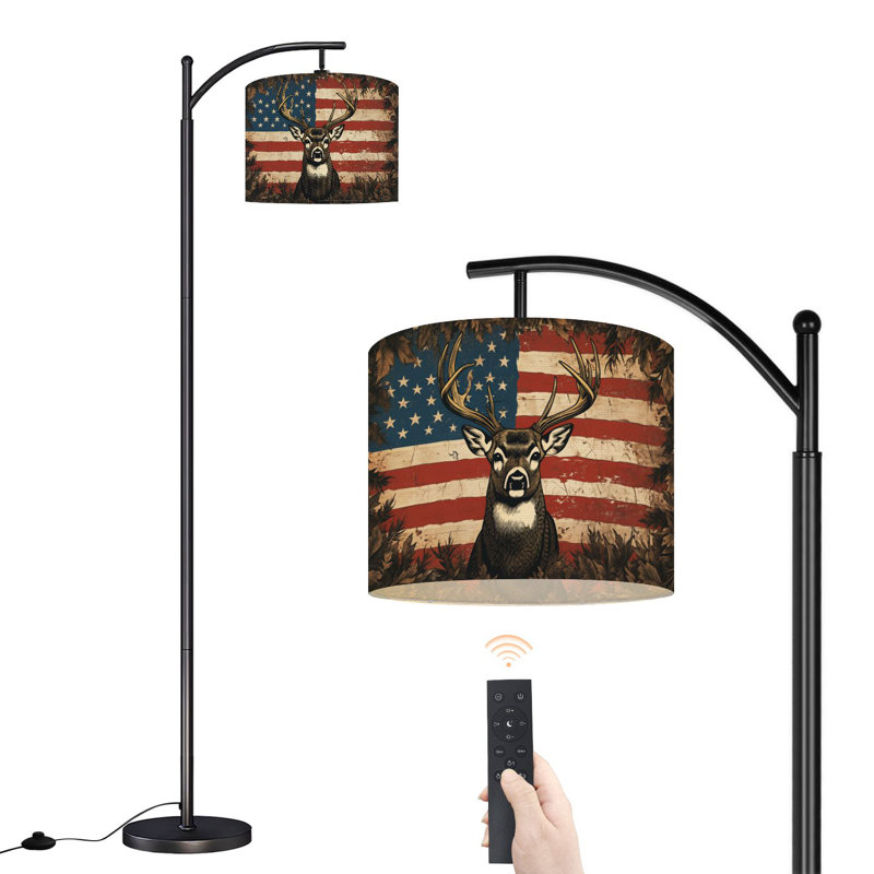 Lampe sur pied à arc avec bois de cerf et drapeau américain patiné avec lampes à DEL rétro avec abat-jour à DEL réglable