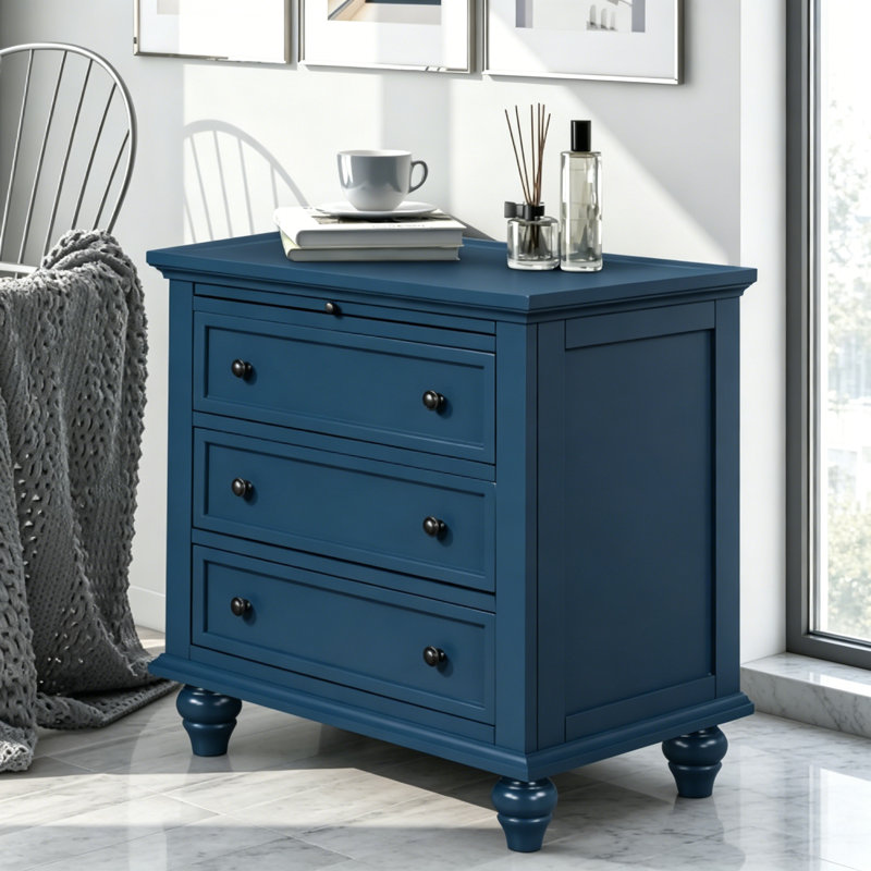 Table de chevet à 3 tiroirs avec rangement, armoire latérale en bois massif et panneau de fibres à densité moyenne, table de bout polyvalente pour le vestibule de la chambre à coucher, assemblage très facile