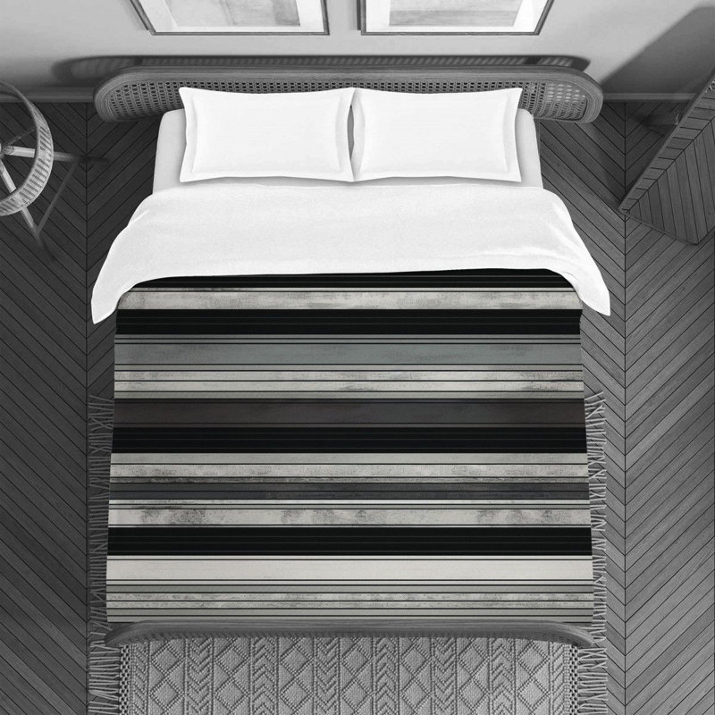 Horizontal Stripes Machine Printed Duvet Cover, Twin Duvet Cover, Black/Silver